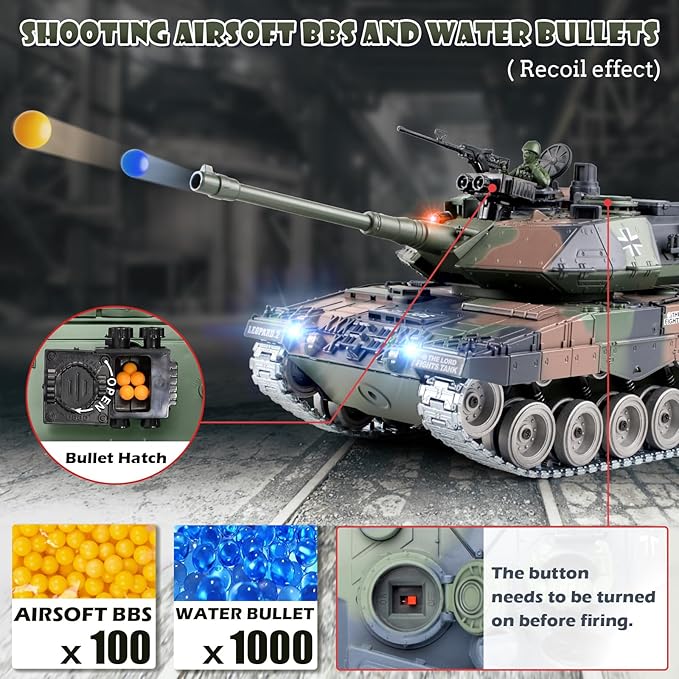 1:18 RC Tank, 2.4Ghz Metal German Leopard II Remote Control Model Toys, RC Vehicle Military Tank That Shoots BBS and Water Bombs, Army Toy for Adults and Kids with Smoke, Lights, Sound, Recoil