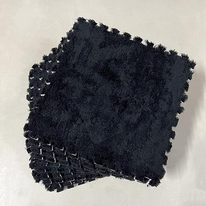 Interlocking Carpet Shaggy Soft EVA Foam Mats Fluffy Area Rugs Protective Floor Tiles Exercise Play Mat for Children Kids Room Home Parlor Bedroom (12 pcs, Black)