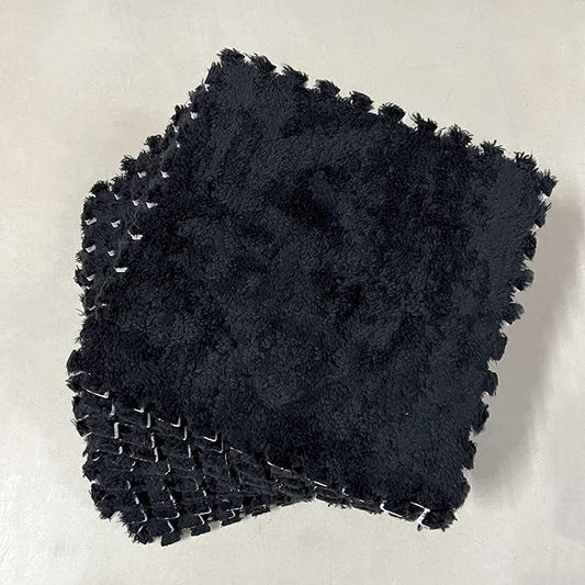 Interlocking Carpet Shaggy Soft EVA Foam Mats Fluffy Area Rugs Protective Floor Tiles Exercise Play Mat for Children Kids Room Home Parlor Bedroom (12 pcs, Black)