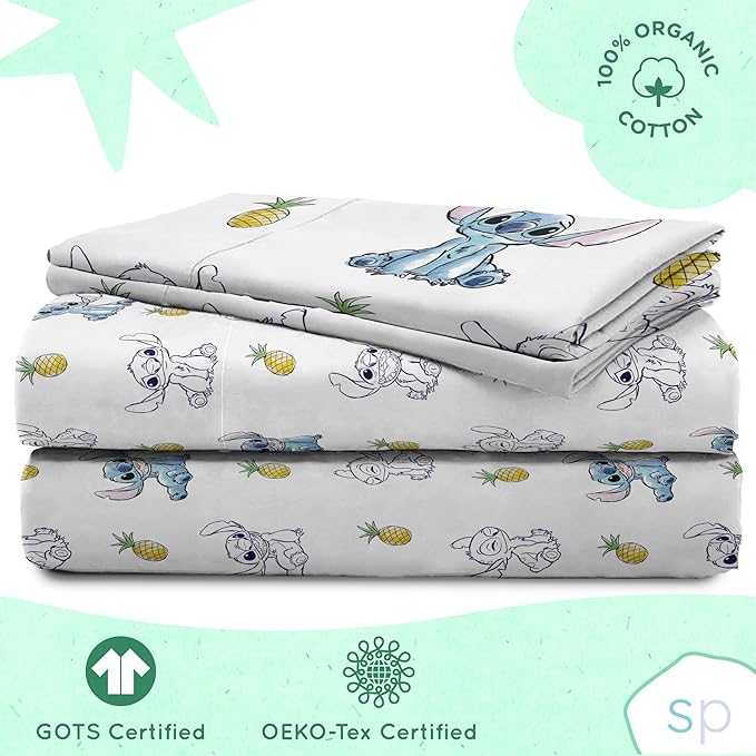 Saturday Park Disney Lilo & Stitch Watercolor Vibes Full Sheet Set - 4 Piece 100% Organic Cotton Sheets - GOTS & Oeko-TEX Certified (Disney Official)