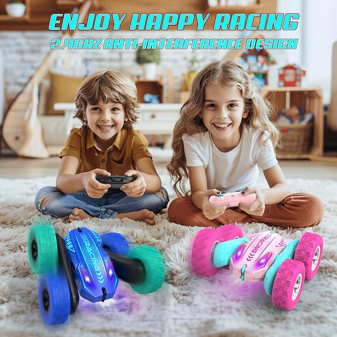 Remote Control Car for Girls, RC Car for Girls, 360° Stunt Rotating Double-Sided Race Remote Cars with Headlights, Fun Toys Christmas Birthday Gifts for 4-7 8-12 Years Old Boys Girls