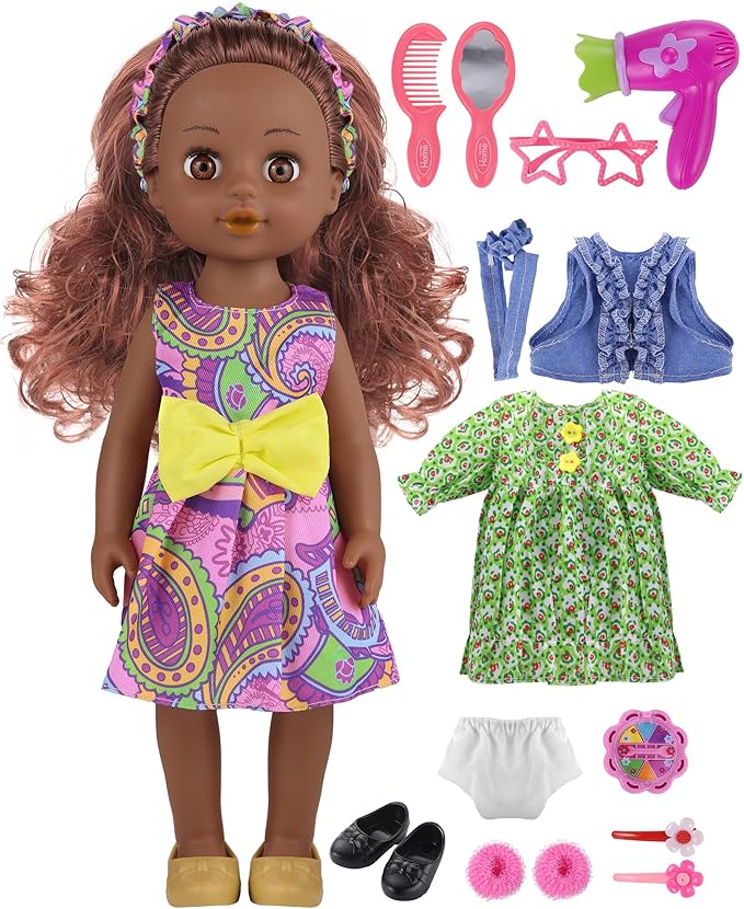 GAGAKU Black Doll for Girls, 14" Black Dolls Set for Toddlers Kids 1 2 3 4 5 6 Years Old, Black Girl Baby Doll with Hair to Comb, Including Doll Dress Clothes Outfits Hair Accessories