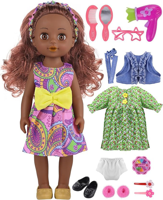 GAGAKU Black Doll for Girls, 14" Black Dolls Set for Toddlers Kids 1 2 3 4 5 6 Years Old, Black Girl Baby Doll with Hair to Comb, Including Doll Dress Clothes Outfits Hair Accessories