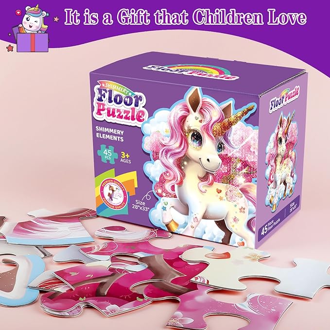 45pcs Shimmery Unicorn Floor Puzzles for Kids Ages 3-5, Jumbo Jigsaw Puzzles for Kids Unicorn Puzzle for Toddlers Age 3+ Year Olds, Unicorn Toy Gifts for Girls (Size: 28 '' x 33 '')