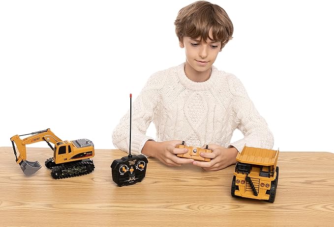 JOYIN 2 PCS Remote Control Construction Vehicle Toy Set, Friction-Powered RC Excavator & RC Dump Truck with Lights and Sounds for Imaginative Play, Birthday Gifts for Toddlers Boys Girls
