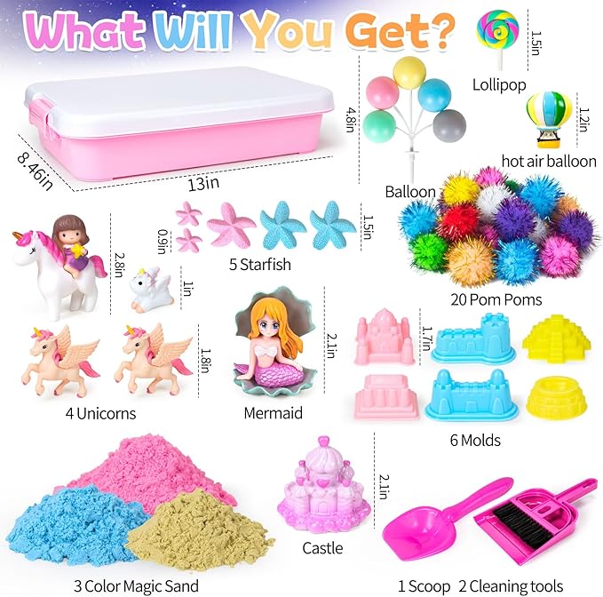 Hymaz Unicorn Sensory bin, Unicorn and Mermaid Play Sand Kit, Sandbox with 2.2lbs Magic Sand, Castle Molds, Ocean Scene Models, Preschool Indoor Birthday Gifts for Boys Girls Age 3 4 5 6 7 8