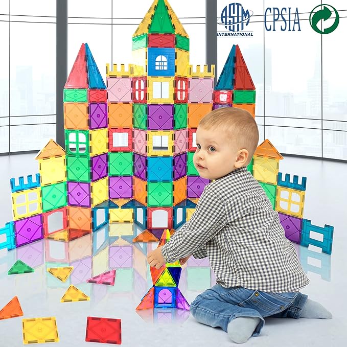 LATI 130 pcs Magnetic Tiles, Magnet Building Blocks for Kids STEM Construction Set Clear Imagination Inspirational Educational Toddler Boys Girls Kids Toys for 3 4 5 6 7 8 Years with 2 Cars