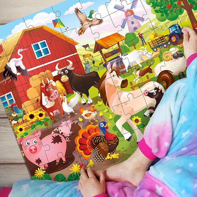QUOKKA Puzzles for Toddlers 3-5 – 3 x 36 Pieces Floor Puzzles for Kids Ages 2-4 – 12 Toy Learning Farm Animals for 4-6 – Jigsaw Game for Boy and Girl 3-5-7 Year Old