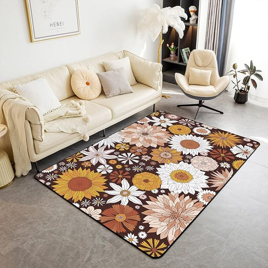 Bohemian Fall Floral Rug 5x7 Retro Groovy Flower Power Area Rug Boho Eyes Hippie Carpet for Teen Girls Adults Women Garden Sunflower Daisy Vintage Non Slip Decorative Rug for Bedside