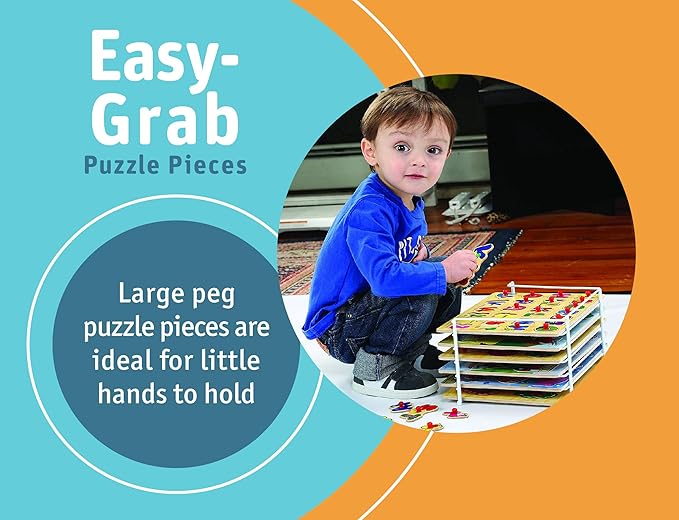 Etna Products Wooden Puzzles Set, Includes 6 Educational Puzzles and Wire Storage Rack - ABC, Numbers, Shapes, Vehicles and Animals - For Kids Age 3 Plus