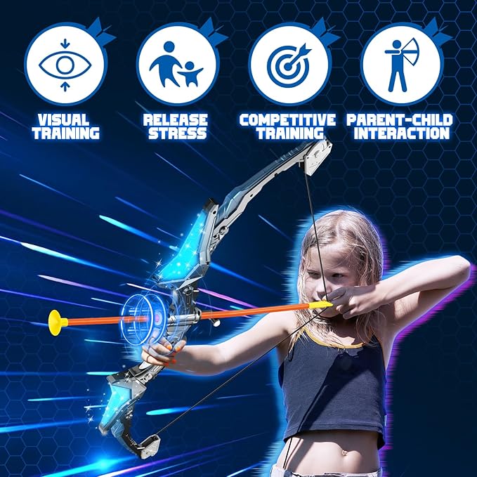 2 Pack Kids Bow and Arrow, 20 Suction Cup Arrows, 2 Archery Targets&Quiver, Light-up Set for 4 5 6 7 8 9 10 11 12 Year Old, Indoor Outdoor Toys for Ages 5-7 8-13 Boys Girls(Black & Blue)