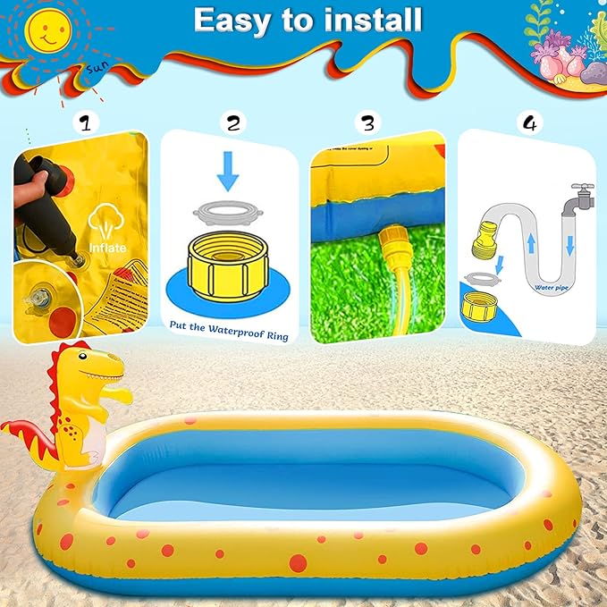 Inflatable Sprinkler Pool for Kids, Cute Dinosaur Kiddie Pool, 3-in-1 Backyard Splash Pad Swimming Outdoor Water Toys for Toddlers