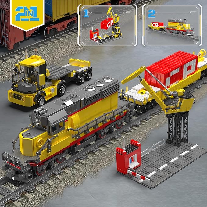 Mould King 12027 Diesel Locomotive Train Building Sets with a Semi-Trailers, Cranes, Remote/App Control Engineering Toy Kit, Scale Model with Trains Tracks for Adults Kids (1170 Pieces)