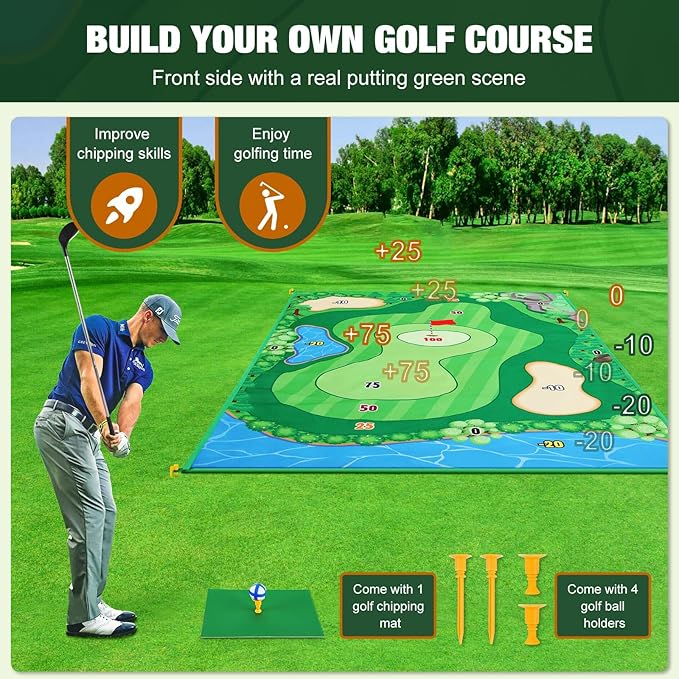 MoKo Golf Chipping Mat Set - 47"x70" Sticky Battle Golf Game Play Set Double Sided Par Pursuit Game for Kids Adults, Indoor & Outdoor, with 2 Sticks 20 Sticky Balls