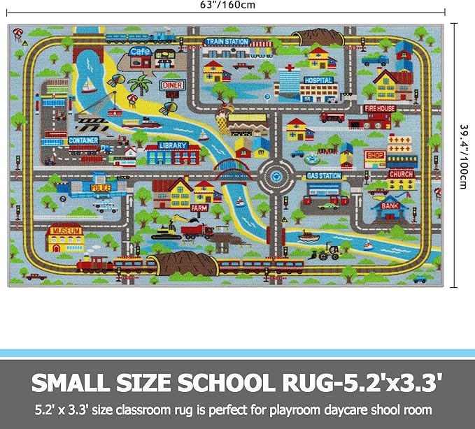 Capslpad Kids Rug for Playroom 3'3" x 5'2" Educational Learning Kids Play Area Rug Large Traffic Road Cars Rug Play Mat for Kid Toy Nursery Rug Kids Car Carpet for Living Room Home Decor, Sky Blue
