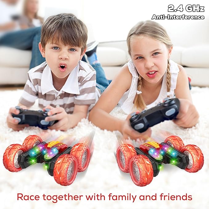 TETON ELECTRONICS RC Car Stunt Car Marvel Avengers Iron Man Inspired 360° Rolling Remote Control Monster Truck Toys All Terrain 4WD RC with Lights, Rechargeable Big Wheels