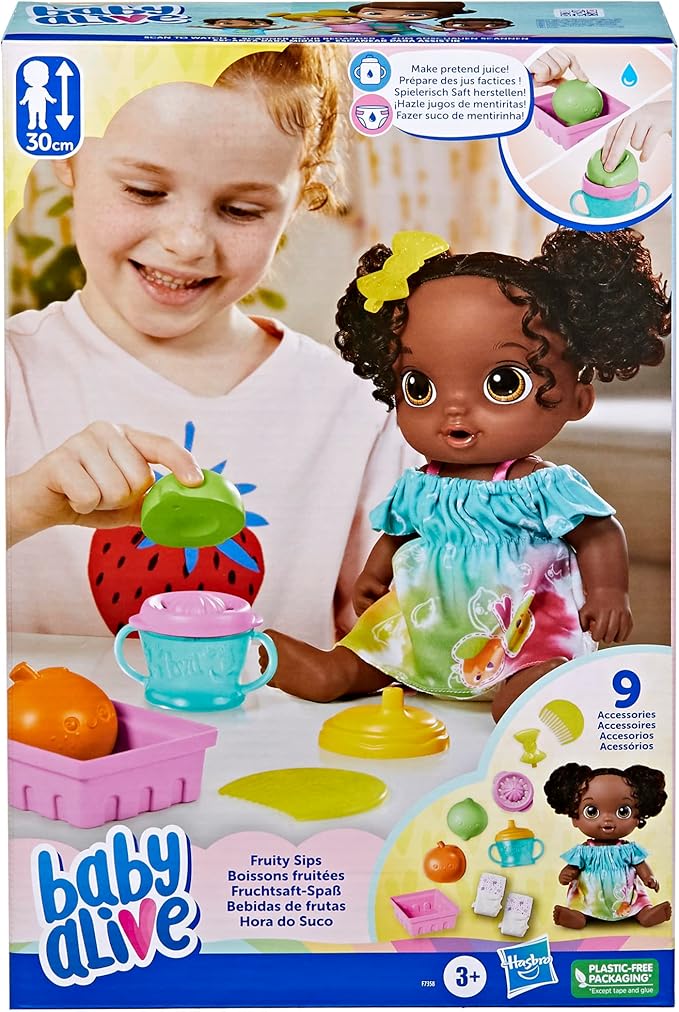 Baby Alive Fruity Sips Doll, Lime, Toys for 3 Year Old Girls, 12-inch Baby Doll Set, Drinks & Wets, Pretend Juicer, Kids 3 and Up, Black Hair