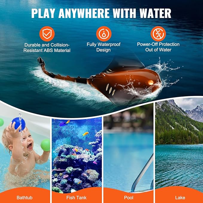 VEVOR Remote Control Manta Ray Toy, 2.4GHz High Simulation Robot RC Shark Stingray Fish Toys with Light, RC Boat Bathtub Summer Swimming Pool Toys for 6+ Year Old Boys and Girls