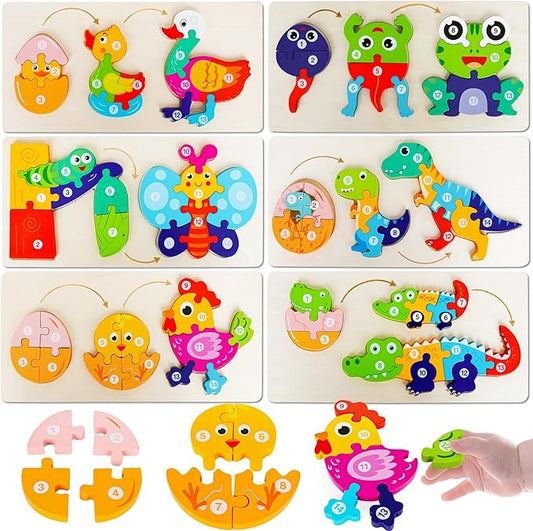 Wooden Puzzles for Toddlers 1-3,Montessori Education Learning Animal Evolution Growth Blocks Jigsaw Puzzle for Toddlers 2-4,Great Gifts for 2 Year Old Boy Girls(6 Pack)