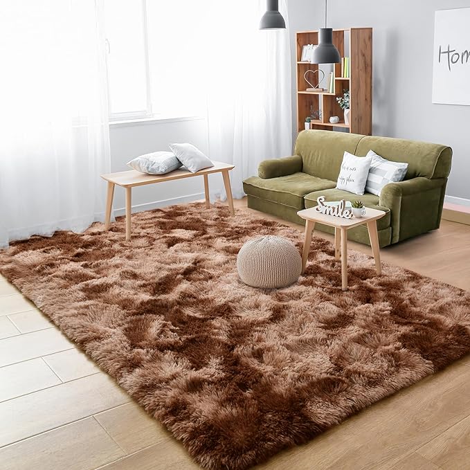 Vocrite Fluffy Area Rugs for Living Room, 5x8 Ft Large Shag Bedroom Rug, Shaggy Plush Anti-Skid Carpets, Fuzzy Furry Soft Faux Fur Rugs, High Pile Rug for Dorm Kids Room, Tie Dye Brown