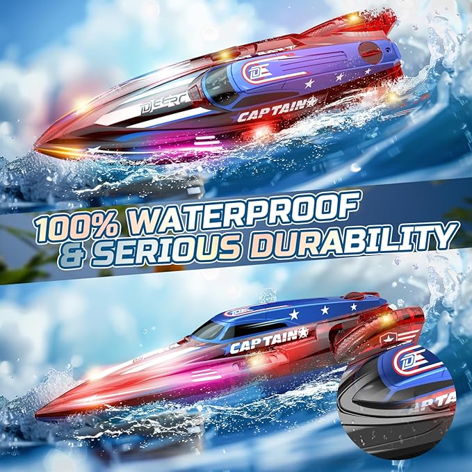DEERC 2 Pack 13 inch Remote Control Boat for Kids, 4 Batteries, 2.4Ghz RC Racing Boat with LED Lights for Pools and Lakes, Summer Water Toy Gift for Boys 8-12