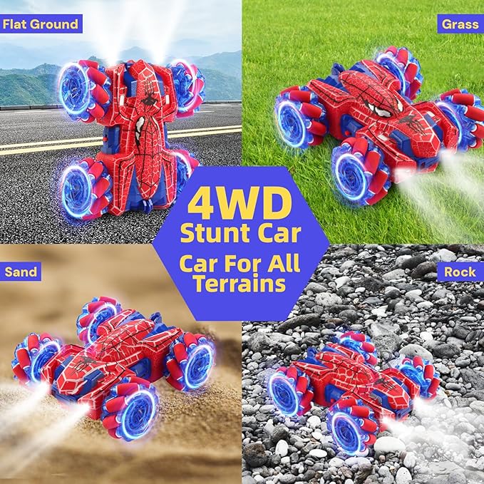 Spider Remote Control Car with WholeBody Colorful Light, 2.4Ghz RC Stunt Cars Toys, Double Sided Off-Road 360° Rotating,Rechargeable 4WD RC Drift Car Spider Toys for Boys Kids 4-6 5-7 8-12
