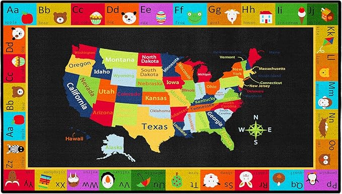Map Classroom Rug 7'5"x13' United States Map Classroom Carpet Colorful Alphabet Educational USA Map Non Slip Black Playmat for Elementary, Nursery, Preschool, Kids Room, Study Room
