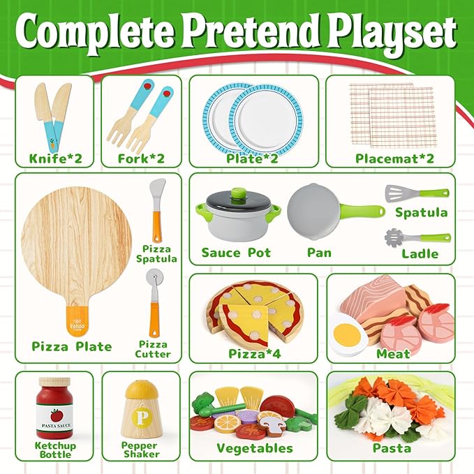 Lehoo Castle Wooden Play Food Sets for Kids Kitchen - Pizza Toy with Pot & Pan, Play Kitchen Accessories, Pretend Cutting Food, Play Dishes & Felt Pasta, Toddler Toys 3-5 Years, Gift for Boys Girls