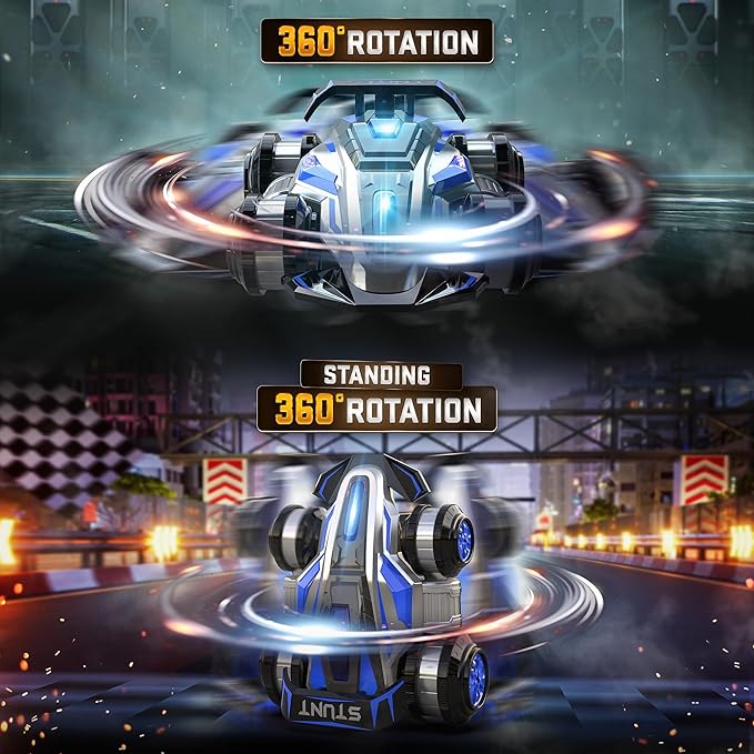 BEZGAR Upgraded Remote Control Cars for Boys Age 4-7 - 360 Spin Rotating Fast RC Vehicle, 4WD Upright Walking Rc Stunt Car with LED Lights Music, 2.4Ghz Indoor/Outdoor All Terrain Cars(Blue)