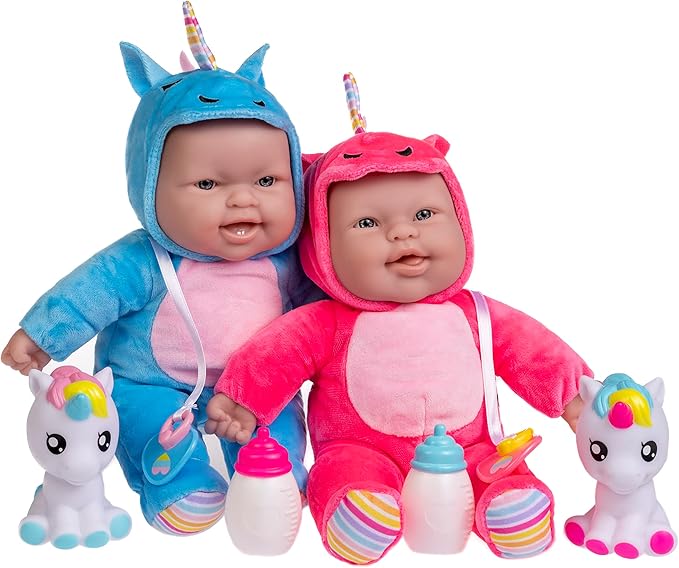 JC Toys Lots to Cuddle Babies 12-inch Small Soft Twin Baby Dolls Unicorn Theme| Washable | Pink and Blue | Includes Play Unicorns, Bottles, Pacifiers| for Children 12 Months +