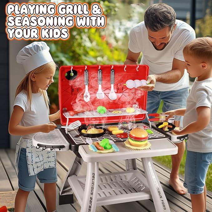 2025 Kids Play Kitchen Toy Grill BBQ Kitchen Playset Outdoor Toy with Smoke Light Outside Pretend Play Food Toys Cooking Set 2-Layer Barbecue Gifts for Toddler Boys Girls 3-5 6 7 8
