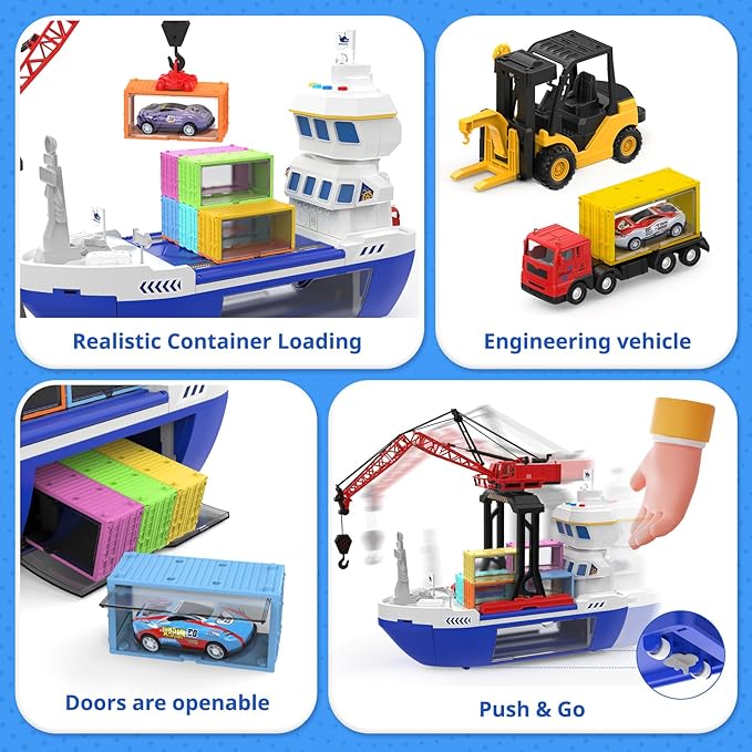 CUTE STONE 2-in-1 Toy Boat & Tower Crane Playset, Cargo Ship with Lights/Sounds | Push-Go Transport Ship & Construction Vehicle Toys, Interactive Carrier Boat for Kids Boys Girls