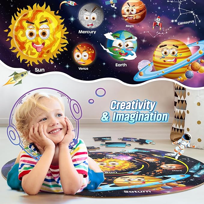 SYNARRY Solar System Floor Puzzles for Kids Ages 4-8, Large 70 Piece Jigsaw Puzzles for Kids Ages 4-6, Space Planet Astronaut Toys Gifts Puzzles for 3-5 5-7 8-10 Years Old Toddlers Boys Girls Children
