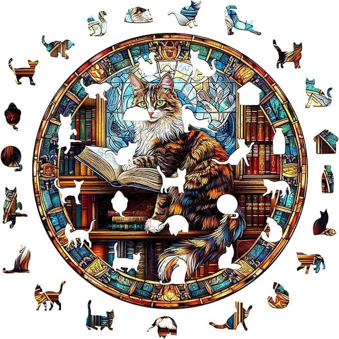 KAAYEE Wooden Puzzles for Adults-3D Visual Effect Maine Cat Library Wooden Jigsaw Puzzles Unique Shape Advanced Wood Puzzle Adults Fathers (8.5 * 8.5in 100pcs)