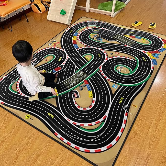 Racing Games Rug, 5x7 Ft Kids Carpet with Rubber Backing, 3D Cross Country Road Race Track Playmat Rugs Racing Karting Start and Finish line Play Mat Nursery Rugs for Children Room, Playroom