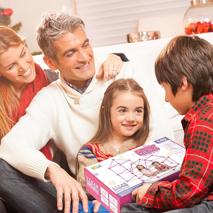 SpringFlower Fort Building Kit for Kids,STEM Construction Toys, Educational Gift for 3 4 5 6 7 8 9 10 11 12 Years Old Boys and Girls,Ultimate Creative Set for Indoor & Outdoors Activity,140 Pcs,Pink