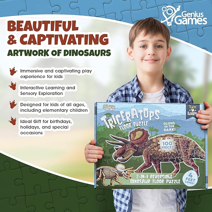 Triceratops Dinosaur Jigsaw Puzzle | 100-Piece Double Sided Floor Puzzle with Glow-in-The-Dark Skeleton On Other Side | 4 FT Scientifically Accurate Dino Illustration | Educational Toy for Kids