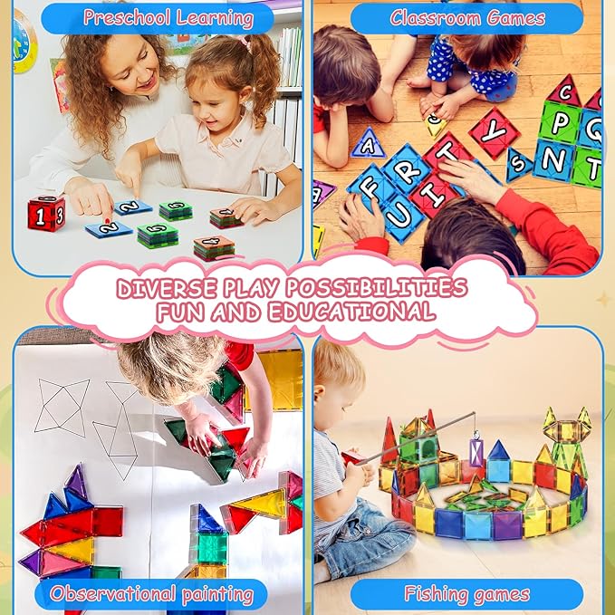 Magnetic Tiles Building Blocks, 108 PCS Magnetic Blocks Buliding Tiles Set, Magnetic Building Blocks with 2 Cars, Preschool Educational Magnetic Toys Stem Toys for Kids 3, 4-8