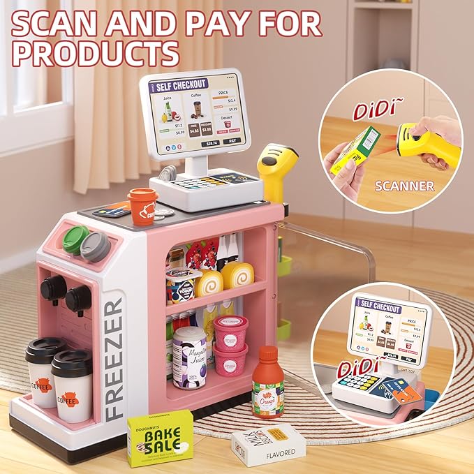 48-Piece Pretend Play Cash Register Toy Set for Kids with Water Outlet Function - Calculator, Shopping Bag, Scanners, Coffee Machine, Play Food - Gift for Boys and Girls Ages 3+（Pink）