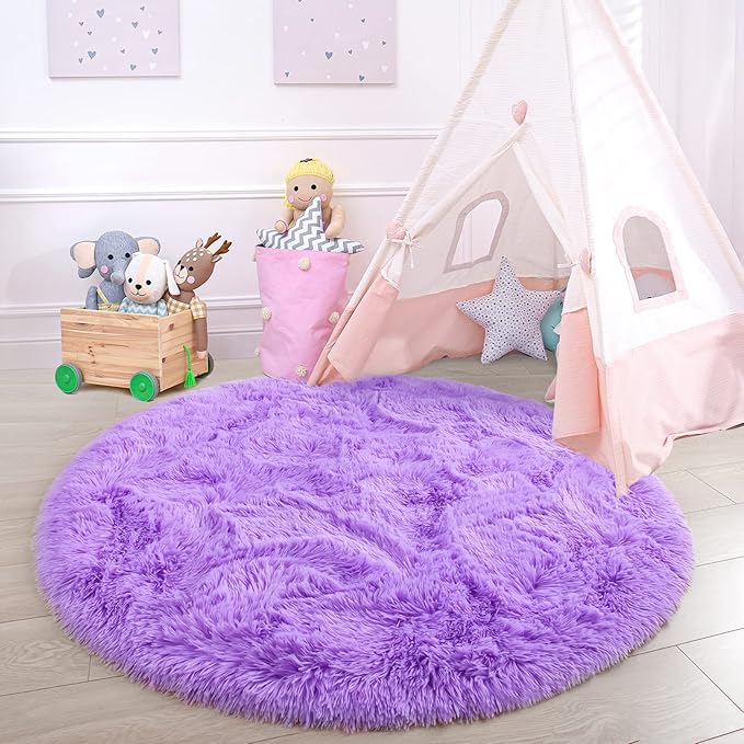 junovo Round Rug 4x4 Feet Fluffy Soft Area Rugs for Kids Girls Room Princess Castle Plush Shaggy Carpet Cute Circle Nursery Rug for Kids Girls Bedroom Baby Room Home Decor Circular Carpet, Purple