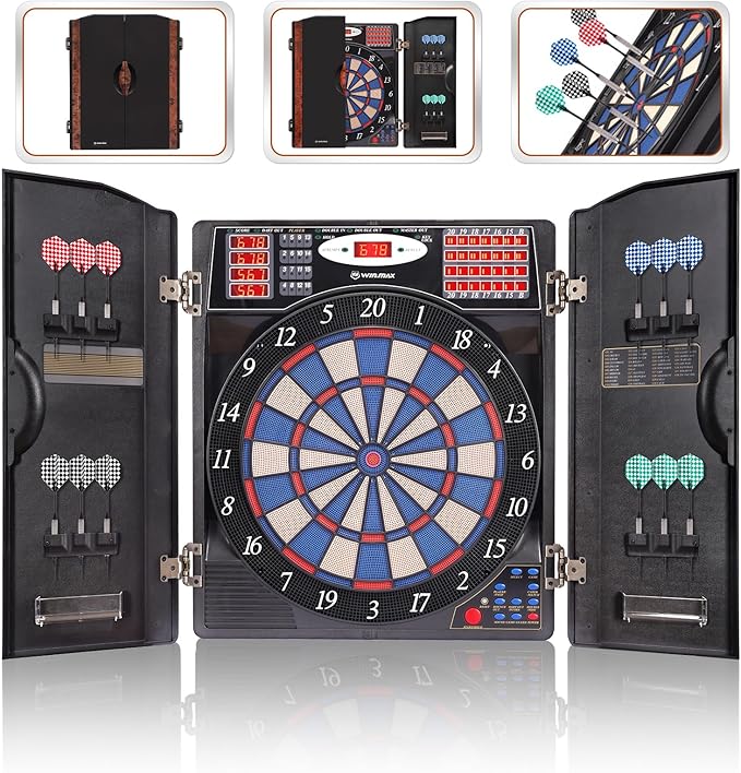 WIN.MAX Electronic Dart Board Cabinet Set, LED Electric Digital Soft Tip Dart Boards for Adults with Cabinet, up to 16 Players, 38 Games and 211 Variations with 12 Soft Tip Dartboard Set