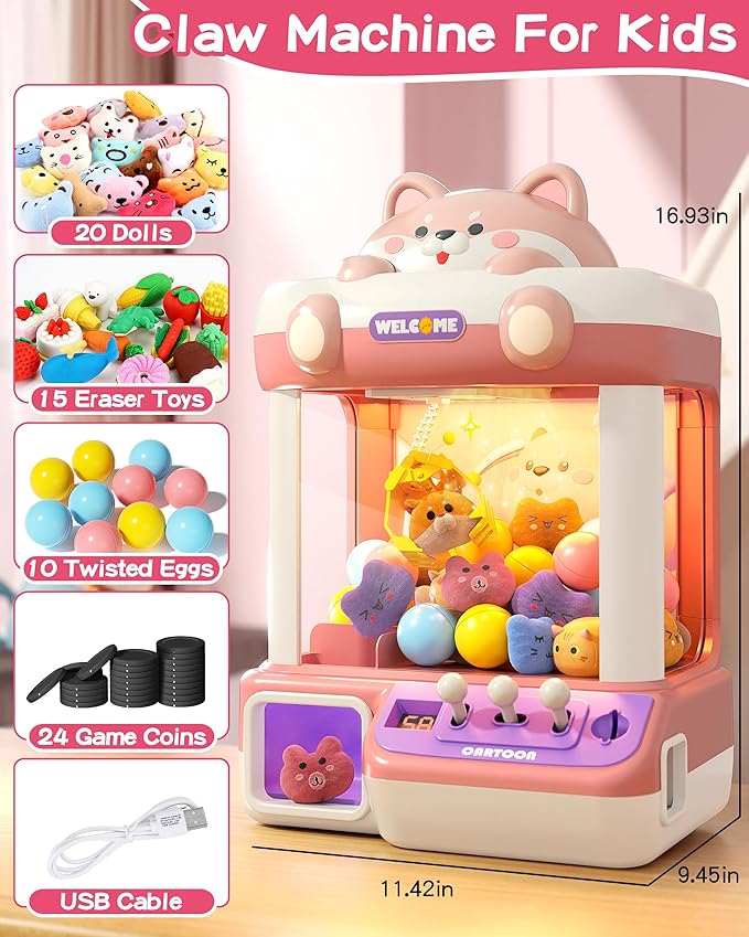 Claw Machine for Kids, Mini Vending With Music, Prize Dispenser Toys for Girls and Boys, Electronic Claw Game for Party Birthdays, Includes 45 Mini Toys (Large)
