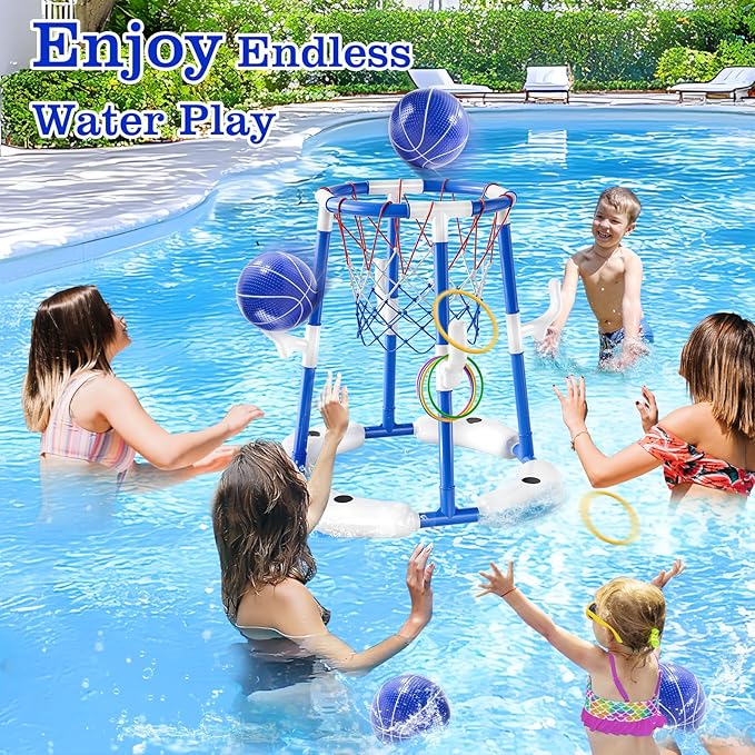 Pool Basketball Hoop Toys,2-in-1 Floating Basketball Pool Games with 4 Balls/12 Rings/Pump,Swimmming Pool Games for Kids Ages 4-8 8-12 Adult, Outdoor Water Play Toys for Summer Family Party(Blue)