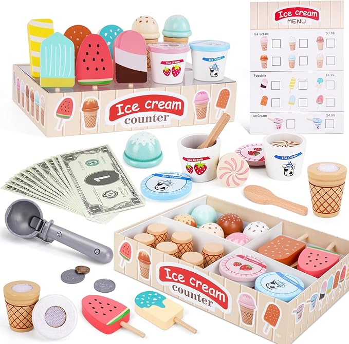 Wooden Ice Cream Toys for Toddlers 3-5, Kids Wooden Toys Play Kitchen Accessories, Play Food Sets for Kids Kitchen, Pretend Play Toys Gifts for 3 4 5 Year Old Girls Boys Birthday Christmas