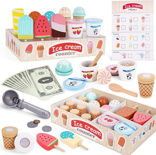 Wooden Ice Cream Toys for Toddlers 3-5, Kids Wooden Toys Play Kitchen Accessories, Play Food Sets for Kids Kitchen, Pretend Play Toys Gifts for 3 4 5 Year Old Girls Boys Birthday Christmas