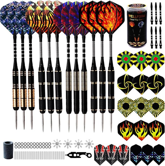 Darts Metal Tip Set, Steel Tip Darts Set 22g and 28g Professional Darts for Dartboard with Darts Guide and Darts Case, Aluminum Shafts, Brass Barrels, Extra Dart Flights, Dart Sharpener,etc.
