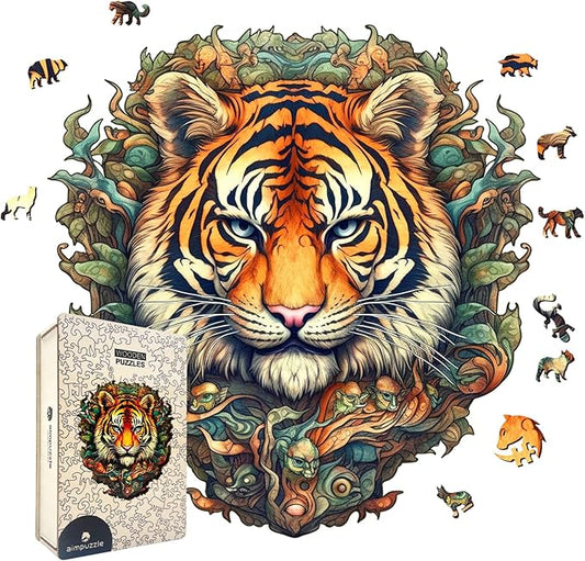 Wooden Puzzles for Adults, Jungle Tiger Unique Shaped Wooden Jigsaw Puzzle, Premium Wooden Box Animals Wood Cut Puzzles, Birthday, 187 Pieces, 11.81"x11.22"