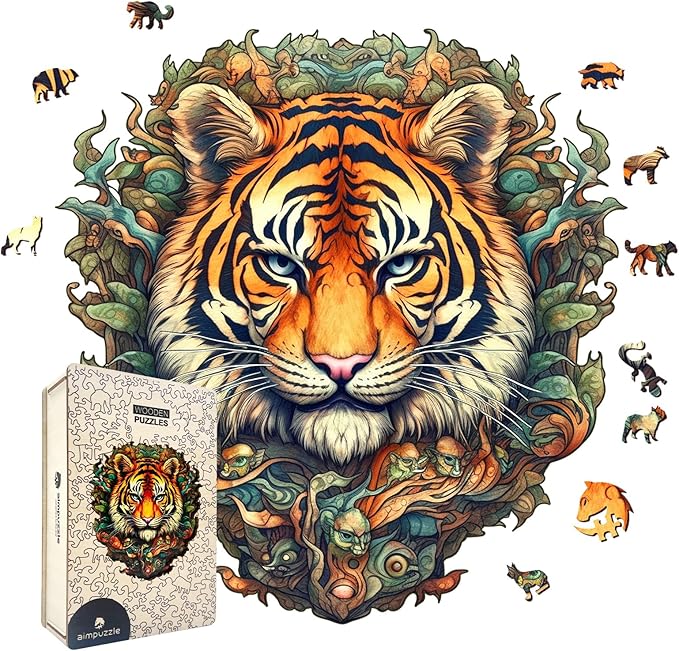 Wooden Puzzles for Adults, Jungle Tiger Unique Shaped Wooden Jigsaw Puzzle, Premium Wooden Box Animals Wood Cut Puzzles, Birthday, 187 Pieces, 11.81"x11.22"