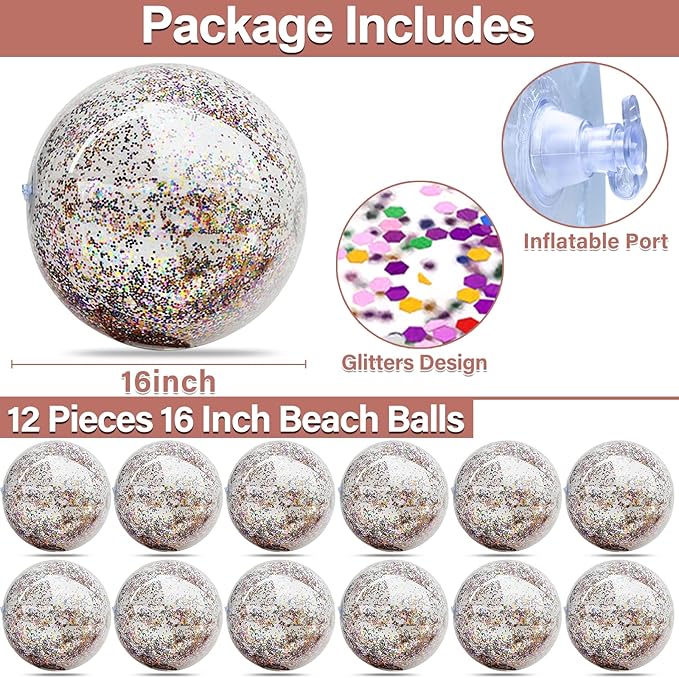 12 Pack Inflatable Beach Balls Bulk 16" Glitters Pool Toys Balls for Pool, Beach, Summer Pool Party - Swimming Pool Game Water Beach Toys Kid Party Favor Decorations Summer Blow Up Beach Ball