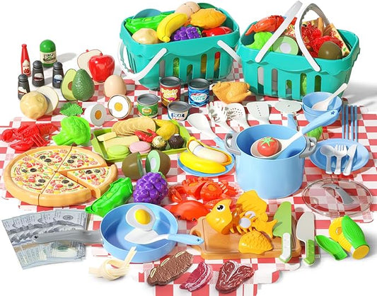 150Pcs Kitchen Playset, Toddlers Pretend Cooking Cookware Accessories, Food, Picnic Blanket, Fruits, Veges, 2Pack Shopping Storage Basket, Dessert and Prop Money, Gift for Kids (Blue)